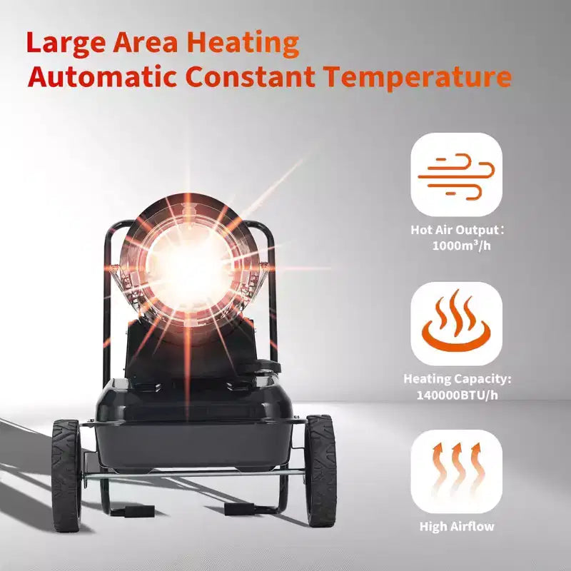 Chauffage au diesel et au kérosène de 140 000 BTU, chauffage à air pulsé portable avec thermostat et roues, réservoir de carburant de 38 L pour 10 heures d'autonomie, pour garage, atelier