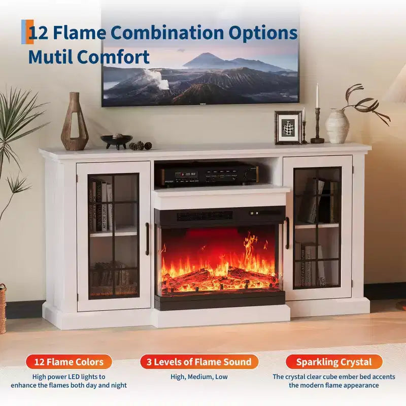 Meuble TV avec cheminée électrique, foyer à 3 faces vitrées et flammes réglables, console de divertissement moderne, pour téléviseurs jusqu'à 65 pouces