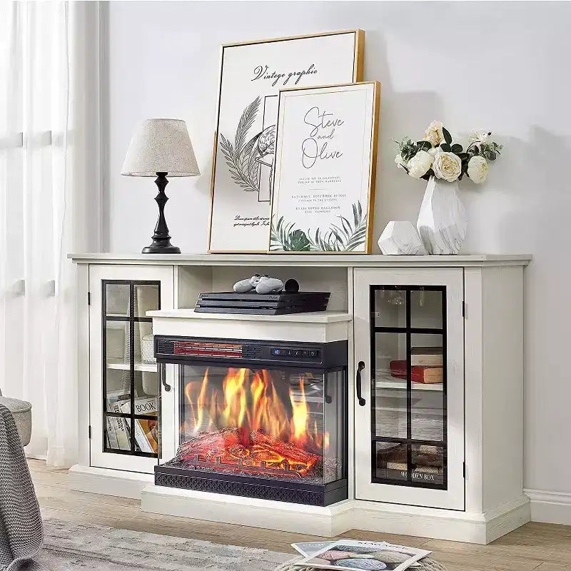 Meuble TV avec cheminée électrique, foyer à 3 faces vitrées et flammes réglables, console de divertissement moderne, pour téléviseurs jusqu'à 65 pouces