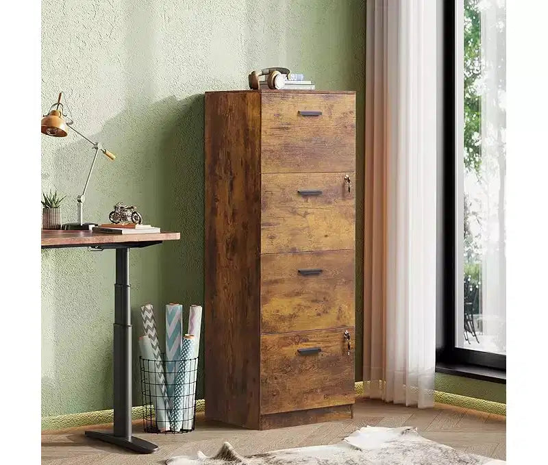 DEXYLLO Classeur vertical à 4 tiroirs avec serrure – Meuble de rangement en bois pour bureau à domicile, convient aux dossiers de format A4/Lettre