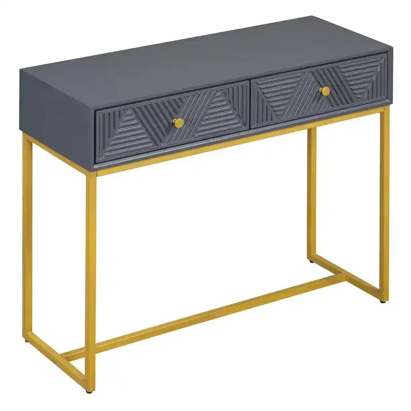 Table d'entrée moderne Okak avec pieds dorés, console étroite avec 2 tiroirs et motif à rayures, table d'appoint pour salon, couloir