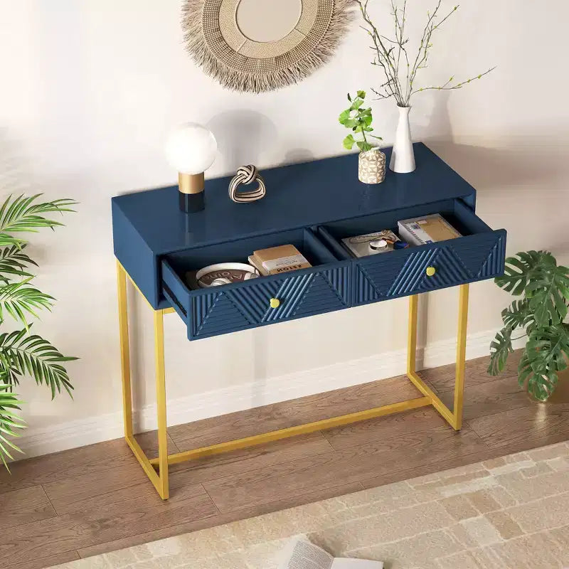 Table d'entrée moderne Okak avec pieds dorés, console étroite avec 2 tiroirs et motif à rayures, table d'appoint pour salon, couloir