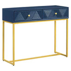 Table d'entrée moderne Okak avec pieds dorés, console étroite avec 2 tiroirs et motif à rayures, table d'appoint pour salon, couloir