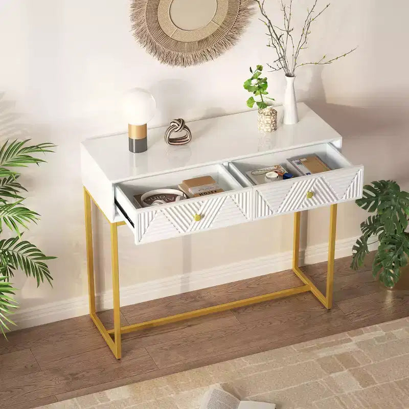 Table d'entrée moderne Okak avec pieds dorés, console étroite avec 2 tiroirs et motif à rayures, table d'appoint pour salon, couloir
