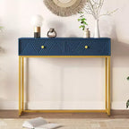 Table d'entrée moderne Okak avec pieds dorés, console étroite avec 2 tiroirs et motif à rayures, table d'appoint pour salon, couloir