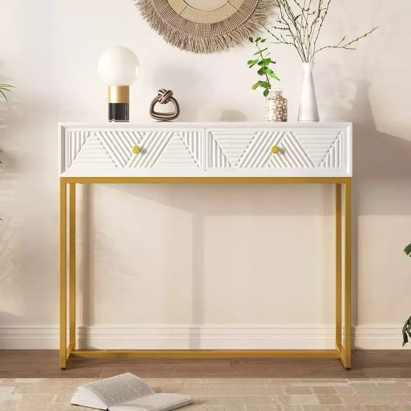 Table d'entrée moderne Okak avec pieds dorés, console étroite avec 2 tiroirs et motif à rayures, table d'appoint pour salon, couloir