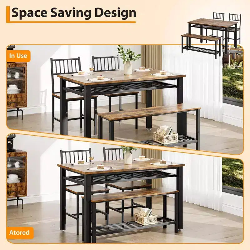 Ensemble table et chaises de cuisine modernes pour 4, avec banc et chaises, ensemble de table de cuisine avec étagère de rangement pour salle à manger/ferme/cuisine/appartement
