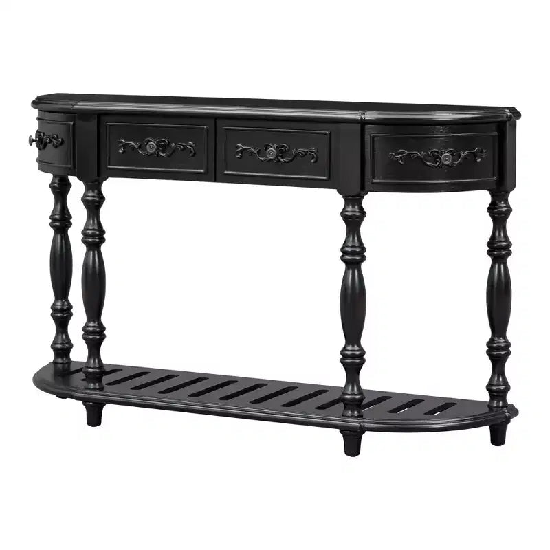 Table console Okak 52 po vintage incurvée avec sculptures exquises, table d'entrée avec 4 tiroirs et 1 étagère, table d'appoint pour salon, noir