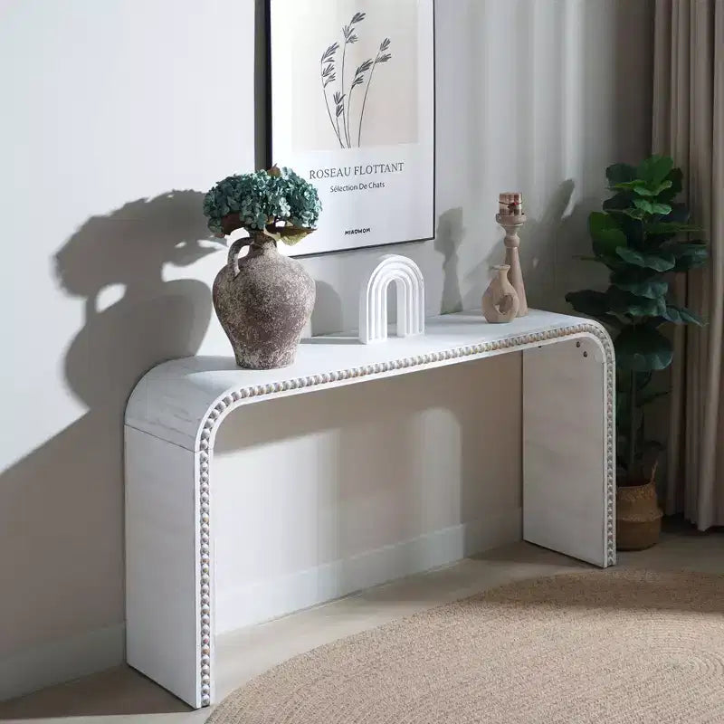 Okak 59IN Table d'entrée cascade avec perles en bois, console au design minimaliste, table d'appoint pour couloir, salon, blanc