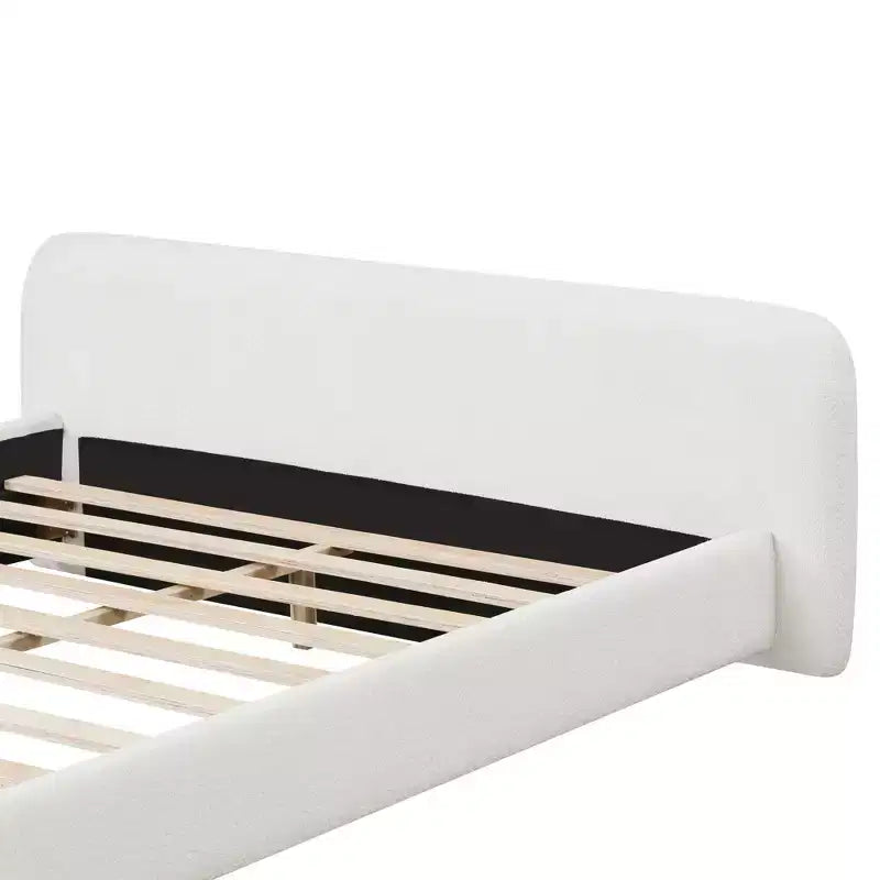 Lit plateforme élégant, cadre de lit rembourré en tissu bouclé avec tête de lit douce, taille double/queen/king, blanc - ModernLuxe