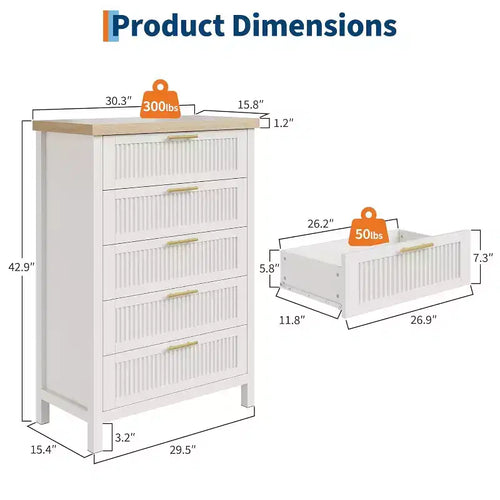 Commode à 5 tiroirs, commode de chambre moderne en bois avec poignées et tiroirs de rangement, meuble TV de style ferme pour salon, chambre à coucher, couloir