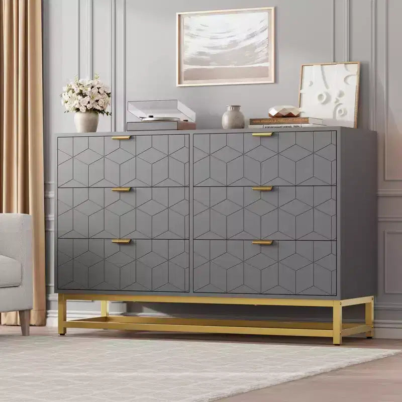 Commode double à 6 tiroirs, commode moderne pour chambre à coucher avec poignées dorées, grande commode pour couloir, entrée
