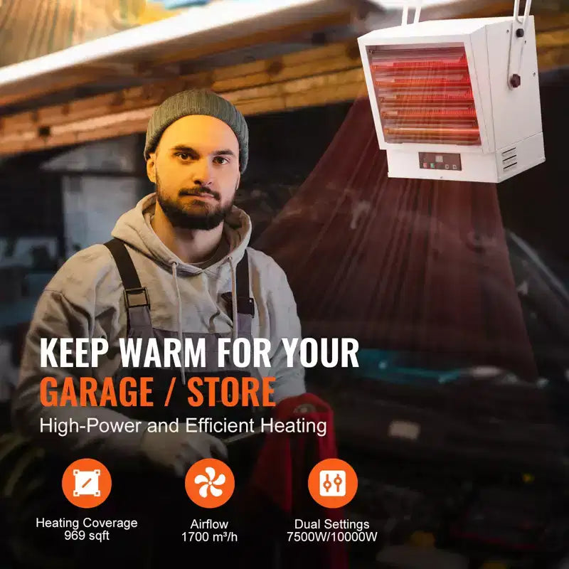 Chauffage de garage électrique VEVOR, radiateur d'atelier à air pulsé mural/plafonnier numérique de 10 000 watts, avec télécommande, radiateur câblé avec minuterie de 9 heures, blanc