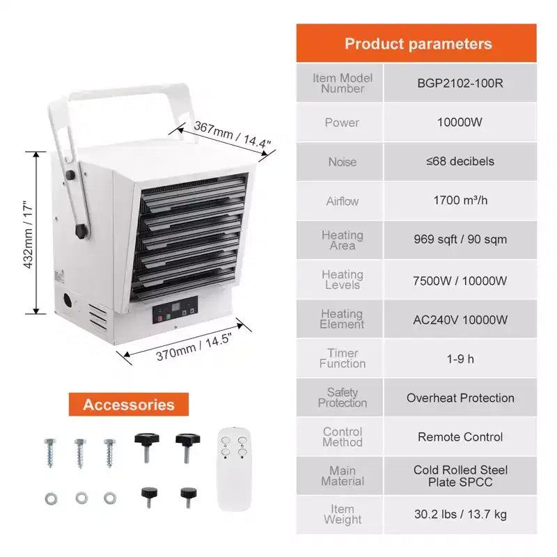 Chauffage de garage électrique VEVOR, radiateur d'atelier à air pulsé mural/plafonnier numérique de 10 000 watts, avec télécommande, radiateur câblé avec minuterie de 9 heures, blanc