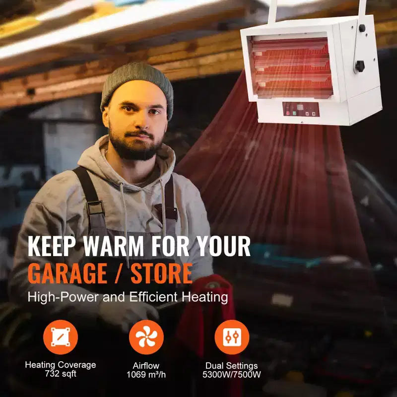 Chauffage de garage électrique VEVOR, 7500W, chauffage d'atelier mural/au plafond à ventilateur numérique, avec télécommande, chauffage câblé avec minuterie de 9 heures, blanc