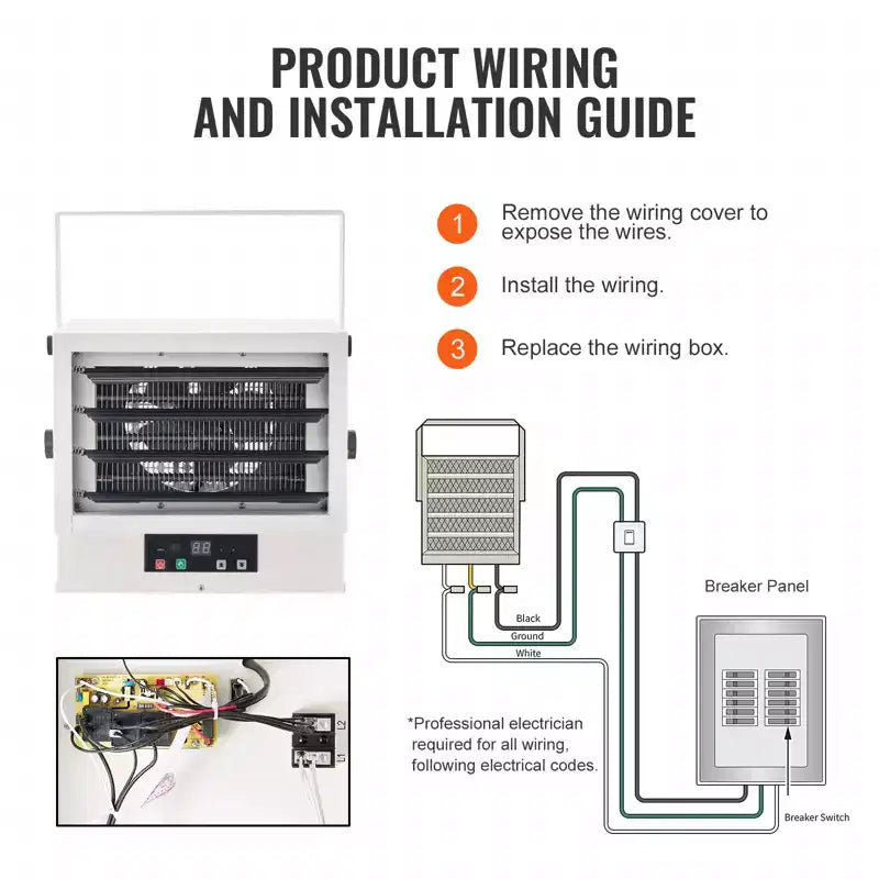 Chauffage de garage électrique VEVOR, radiateur d'atelier mural/plafonnier à ventilateur numérique de 5000 watts, avec télécommande, chauffage câblé avec minuterie de 9 heures, blanc