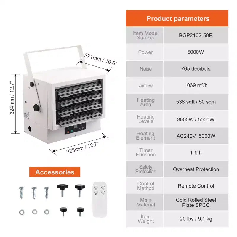 Chauffage de garage électrique VEVOR, radiateur d'atelier mural/plafonnier à ventilateur numérique de 5000 watts, avec télécommande, chauffage câblé avec minuterie de 9 heures, blanc