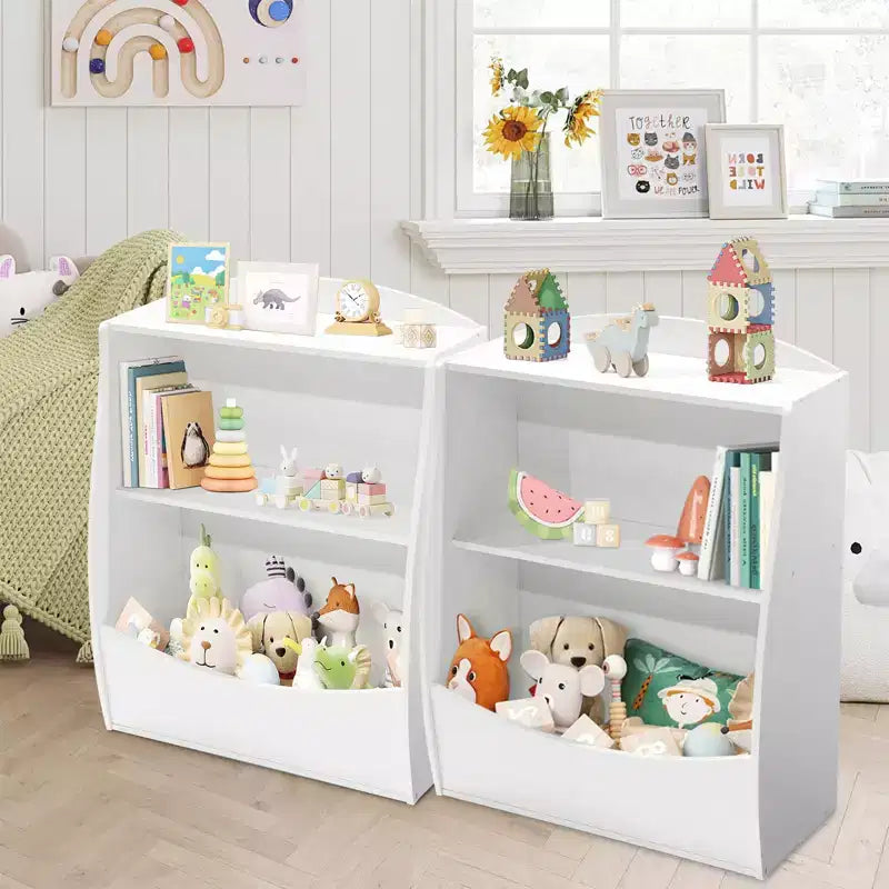 Étagère à livres pour enfants à 2 niveaux et rangement de livres, étagère à livres pour tout-petits, étagère et organisateur de livres avec bacs de rangement pour chambre de bébé, salle de jeux, salle de classe, bibliothèque, chambre à coucher