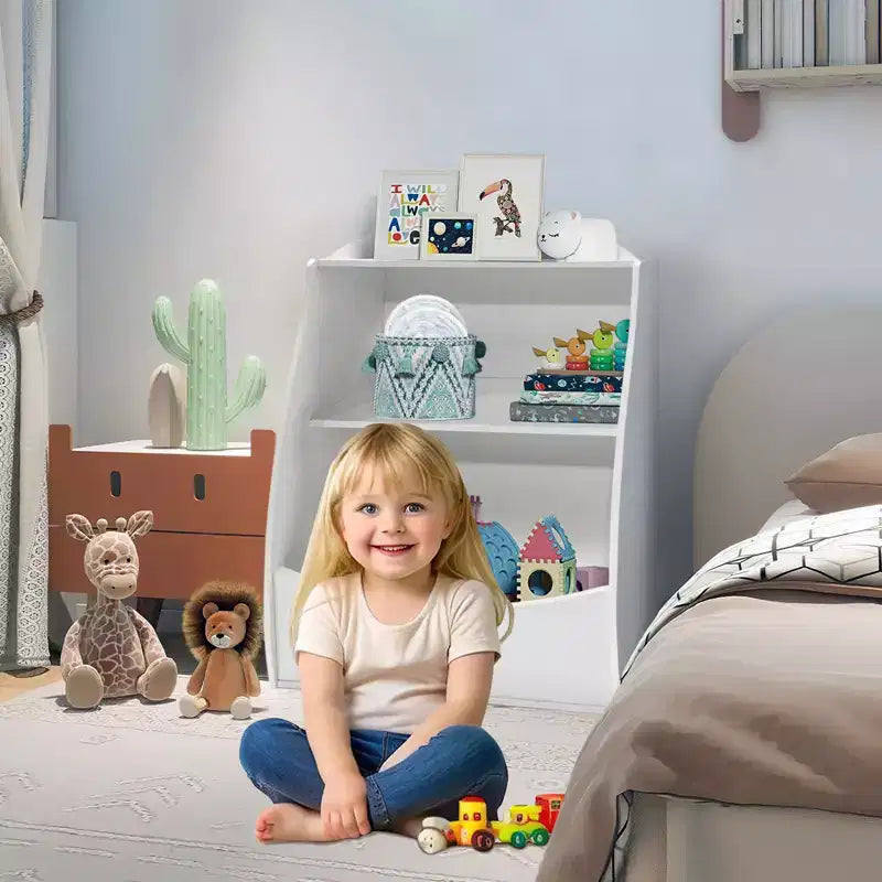 Étagère à livres pour enfants à 2 niveaux et rangement de livres, étagère à livres pour tout-petits, étagère et organisateur de livres avec bacs de rangement pour chambre de bébé, salle de jeux, salle de classe, bibliothèque, chambre à coucher