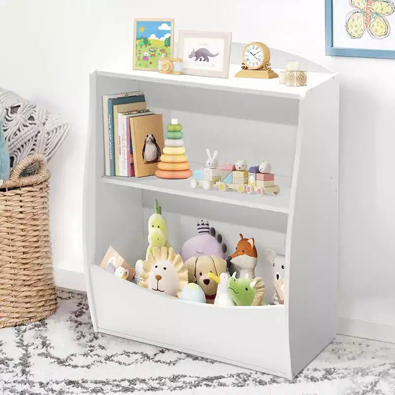 Étagère à livres pour enfants à 2 niveaux et rangement de livres, étagère à livres pour tout-petits, étagère et organisateur de livres avec bacs de rangement pour chambre de bébé, salle de jeux, salle de classe, bibliothèque, chambre à coucher