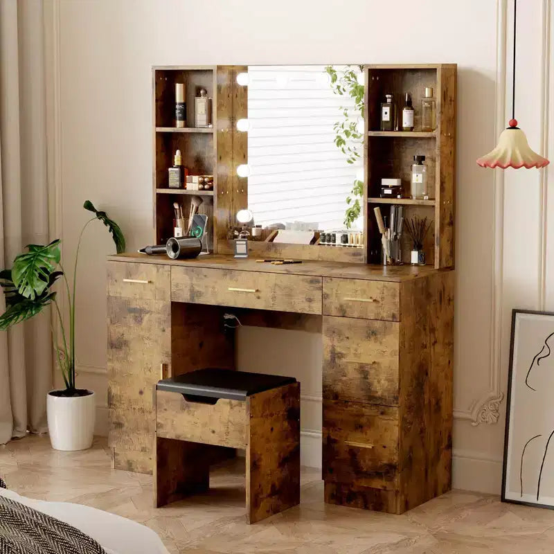 COZONY Coiffeuse de ferme avec miroir lumineux, coiffeuse de maquillage avec station de recharge et rangement pour chambre à coucher