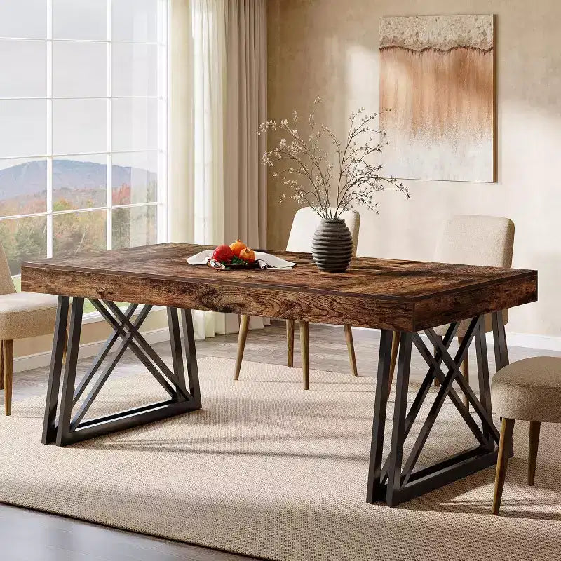 Table de salle à manger Lantine 63'' pour 4-6 personnes, Table de cuisine avec pieds en métal robustes, Meuble de salle à manger rectangulaire pour salon, Marron rustique et noir