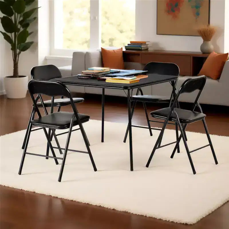 Ensemble table et 4 chaises pliantes FurnitureR 5 pièces – Table carrée portable avec 4 chaises rembourrées, ensemble repas ou jeu de cartes peu encombrant pour la maison, noir