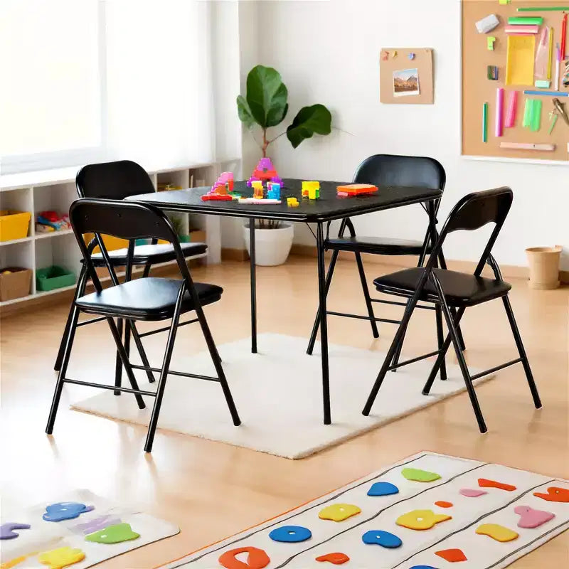 Ensemble table et 4 chaises pliantes FurnitureR 5 pièces – Table carrée portable avec 4 chaises rembourrées, ensemble repas ou jeu de cartes peu encombrant pour la maison, noir