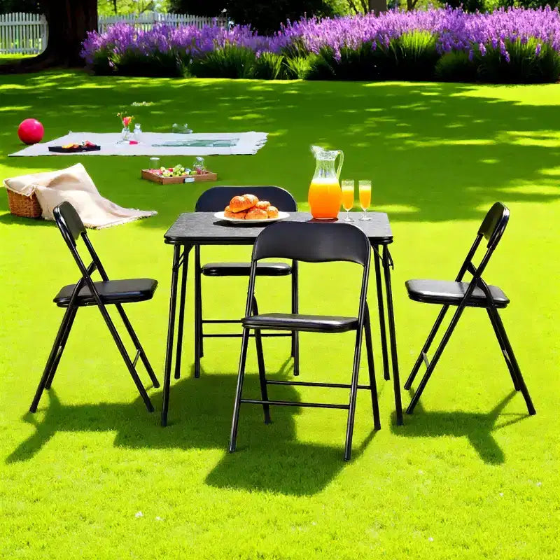 Ensemble table et 4 chaises pliantes FurnitureR 5 pièces – Table carrée portable avec 4 chaises rembourrées, ensemble repas ou jeu de cartes peu encombrant pour la maison, noir