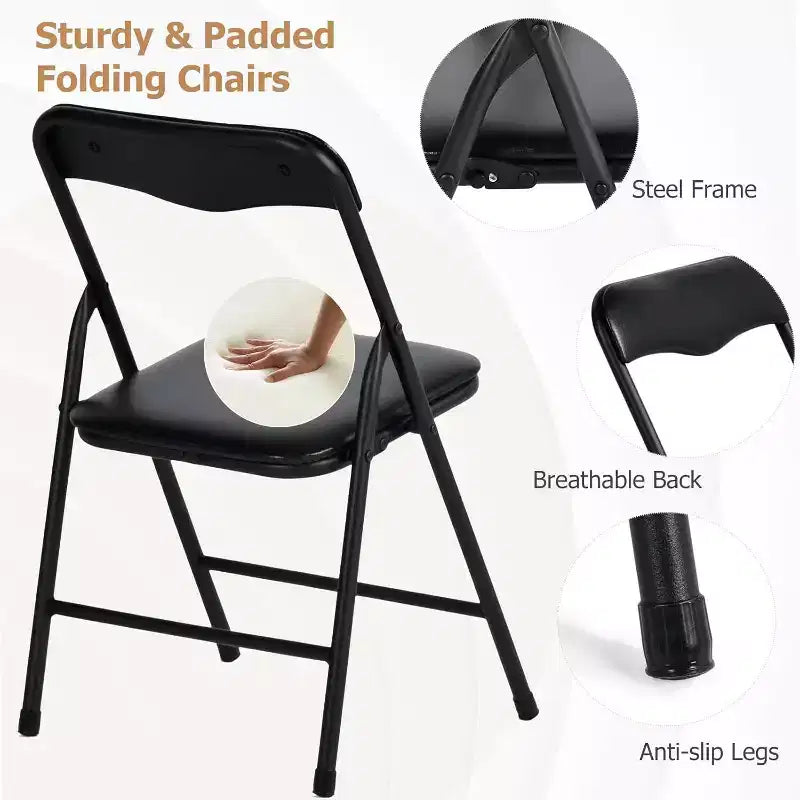 Ensemble table et 4 chaises pliantes FurnitureR 5 pièces – Table carrée portable avec 4 chaises rembourrées, ensemble repas ou jeu de cartes peu encombrant pour la maison, noir
