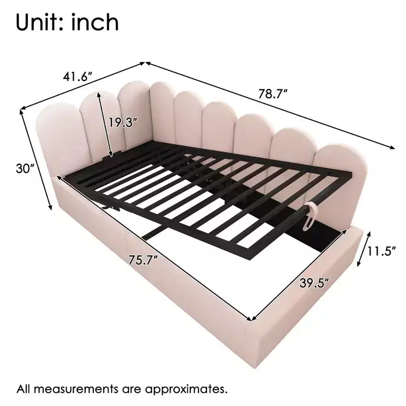 Lit de repos plateforme rembourré double Okak avec rangement hydraulique et cadre à lattes en métal, lit simple moderne pour chambre à coucher, chambre d'enfant