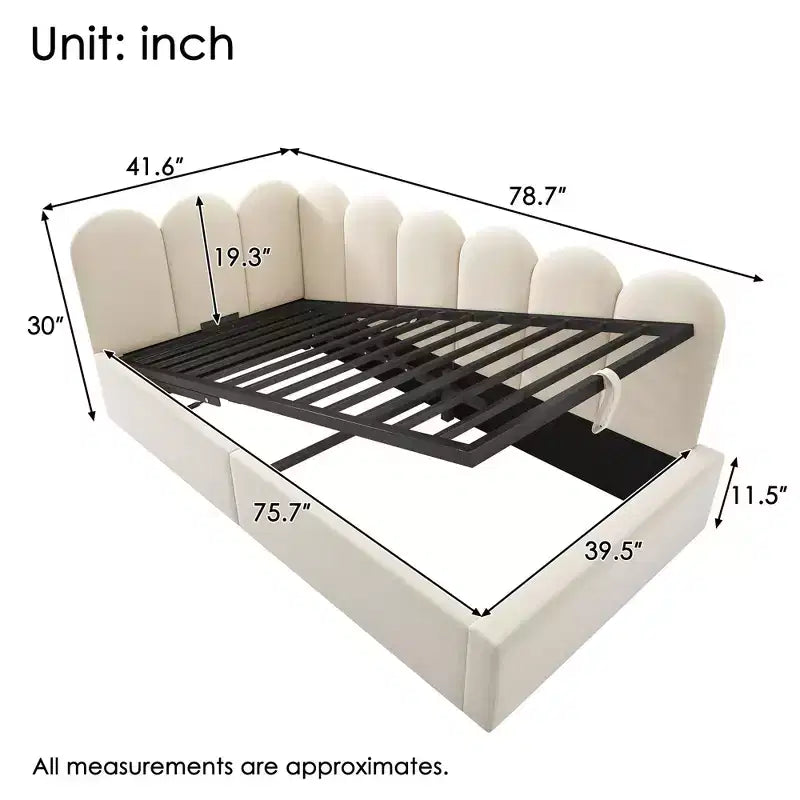 Lit de repos plateforme rembourré double Okak avec rangement hydraulique et cadre à lattes en métal, lit simple moderne pour chambre à coucher, chambre d'enfant