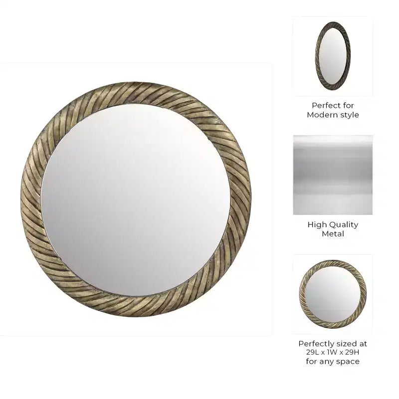 Miroir Mural Rond Moderne avec Cadre en Métal Texturé – Accent Décoratif pour la Maison, le Bureau, la Chambre ou le Salon – Bronze & Cuivre 29