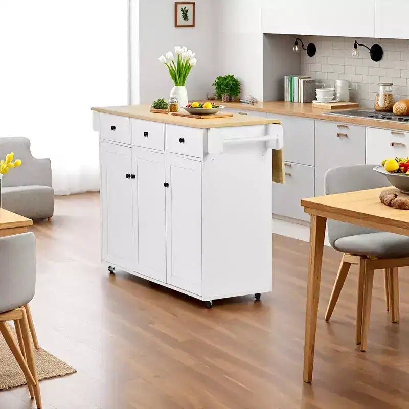 Chariot de cuisine mobile FurnitureR avec abattant pliant, meuble de rangement de cuisine de 115 cm de large sur roulettes, table de préparation roulante peu encombrante, blanc