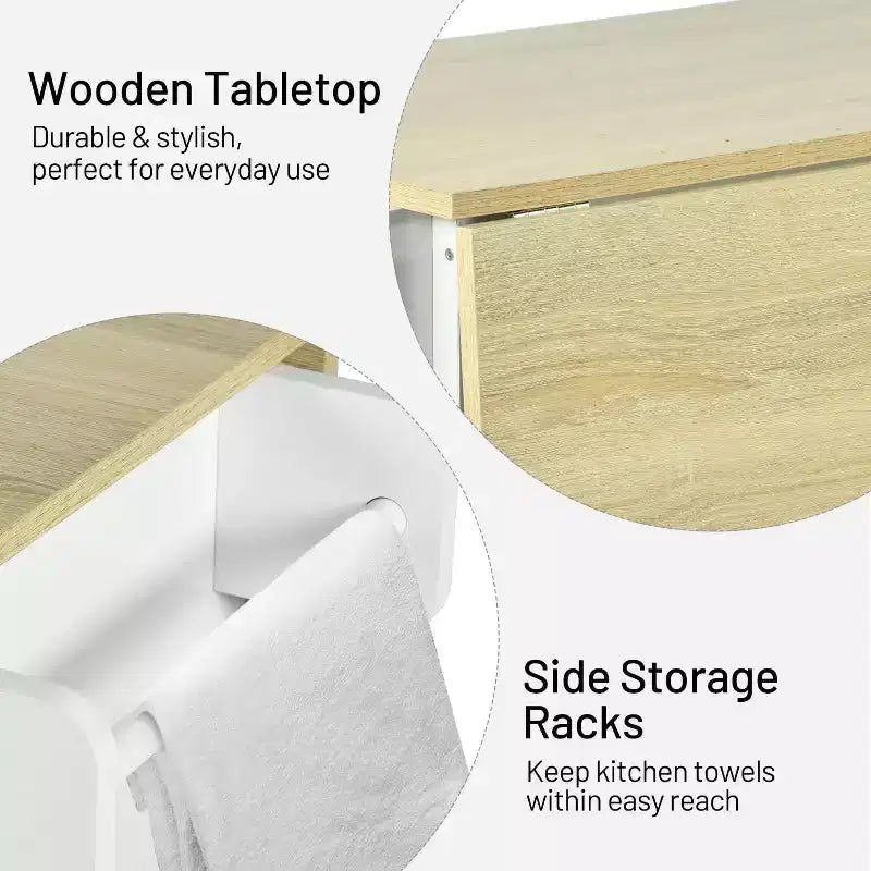 Chariot de cuisine mobile FurnitureR avec abattant pliant, meuble de rangement de cuisine de 115 cm de large sur roulettes, table de préparation roulante peu encombrante, blanc