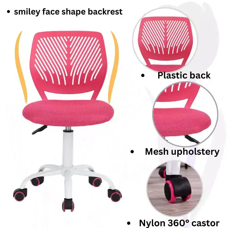 Chaise de bureau sans accoudoirs FurnitureR, mignonne, ergonomique, petite chaise de bureau pivotante et réglable avec roulettes, rose vif
