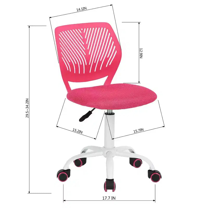 Chaise de bureau sans accoudoirs FurnitureR, mignonne, ergonomique, petite chaise de bureau pivotante et réglable avec roulettes, rose vif