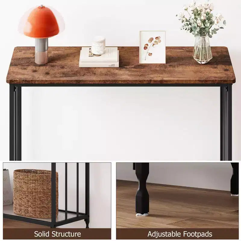 Console – Table d'entrée industrielle à 2 niveaux avec étagère en verre (marron rustique, pour salon/couloir/chambre)
