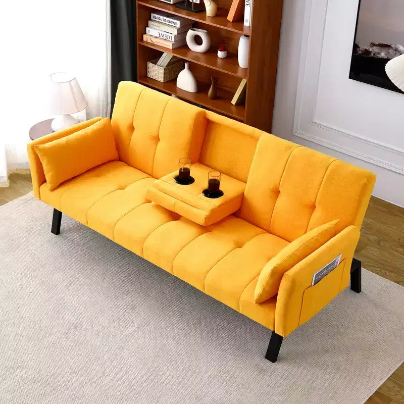 Canapé-lit multifonction MAYEERTY 70 pouces en coton avec porte-gobelet et rangement latéral pour salon ou chambre, jaune