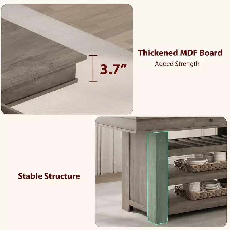 Îlot de cuisine de 60 pouces avec rangement, table îlot fixe de style ferme à 4 niveaux avec grand plan de travail pour la cuisine, la salle à manger, le salon