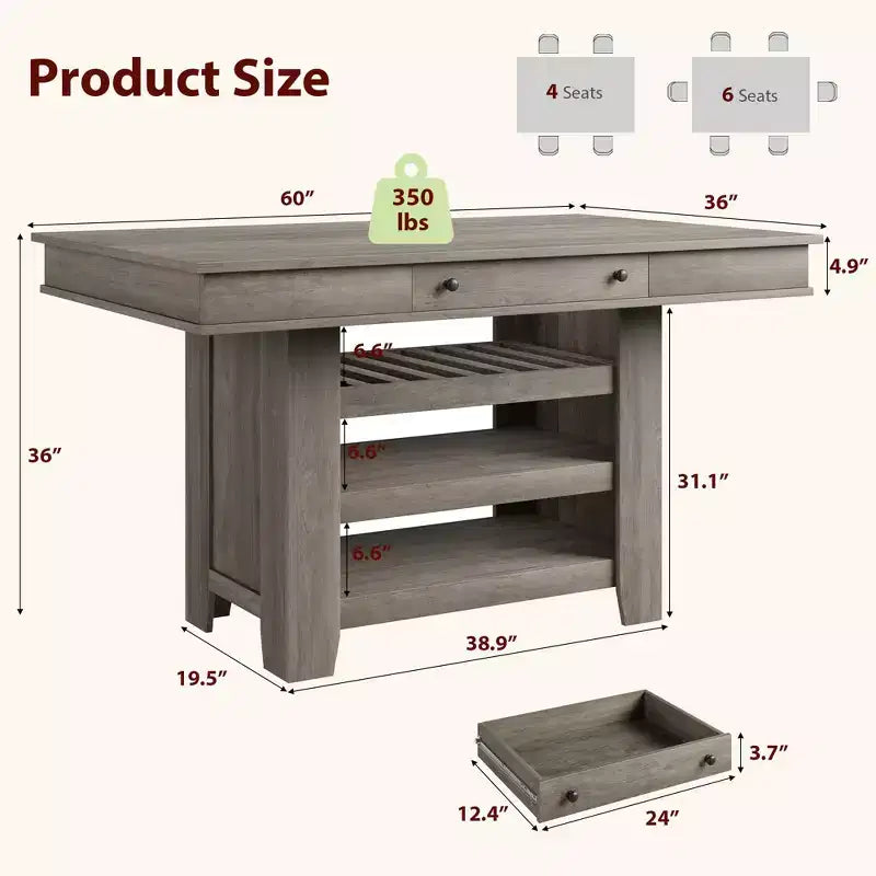 Îlot de cuisine de 60 pouces avec rangement, table îlot fixe de style ferme à 4 niveaux avec grand plan de travail pour la cuisine, la salle à manger, le salon