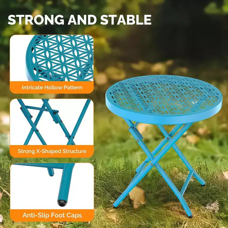 VINGLI Table d'appoint pliante de patio, petite table d'extérieur avec motif floral durable et cadre en métal robuste en forme de X, bleu, 1 paquet