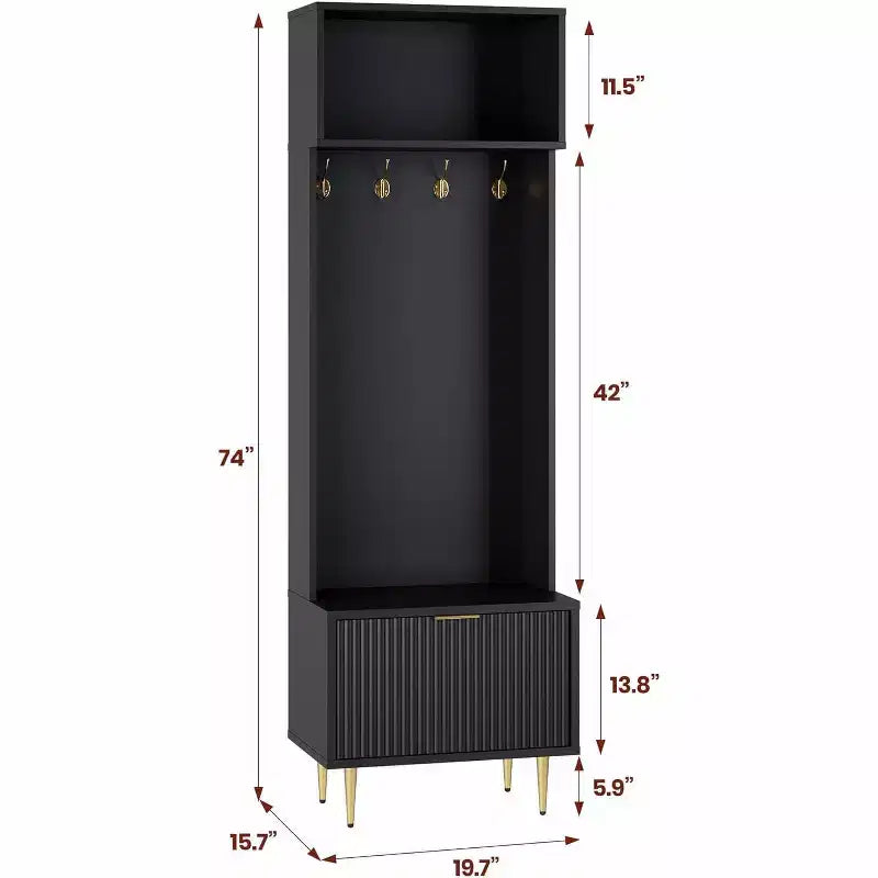 Porte-manteau moderne de 74 po avec banc et rangement, organisateur d'entrée avec 4 crochets dorés, armoire à chaussures pour salon, porte-manteau avec pieds en métal