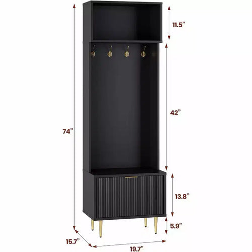Porte-manteau moderne de 74 po avec banc et rangement, organisateur d'entrée avec 4 crochets dorés, armoire à chaussures pour salon, porte-manteau avec pieds en métal