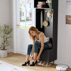 Porte-manteau moderne de 74 po avec banc et rangement, organisateur d'entrée avec 4 crochets dorés, armoire à chaussures pour salon, porte-manteau avec pieds en métal