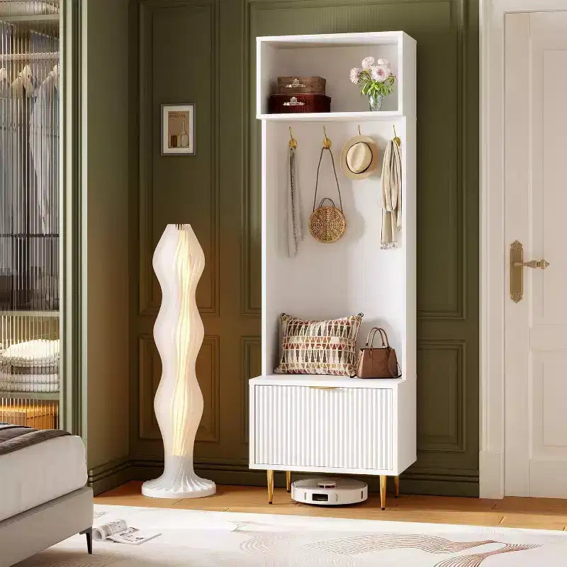 Porte-manteau moderne de 74 po avec banc et rangement, organisateur d'entrée avec 4 crochets dorés, armoire à chaussures pour salon, porte-manteau avec pieds en métal