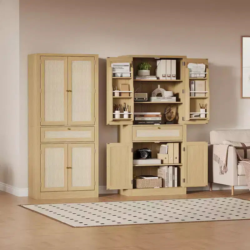 Meuble de rangement haut de 183 cm en chêne avec portes en rotin, tiroir et étagères réglables pour cuisine, salle à manger et salle de bain (1 pièce)