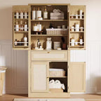 Meuble de rangement haut de 183 cm en chêne avec portes en rotin, tiroir et étagères réglables pour cuisine, salle à manger et salle de bain (1 pièce)