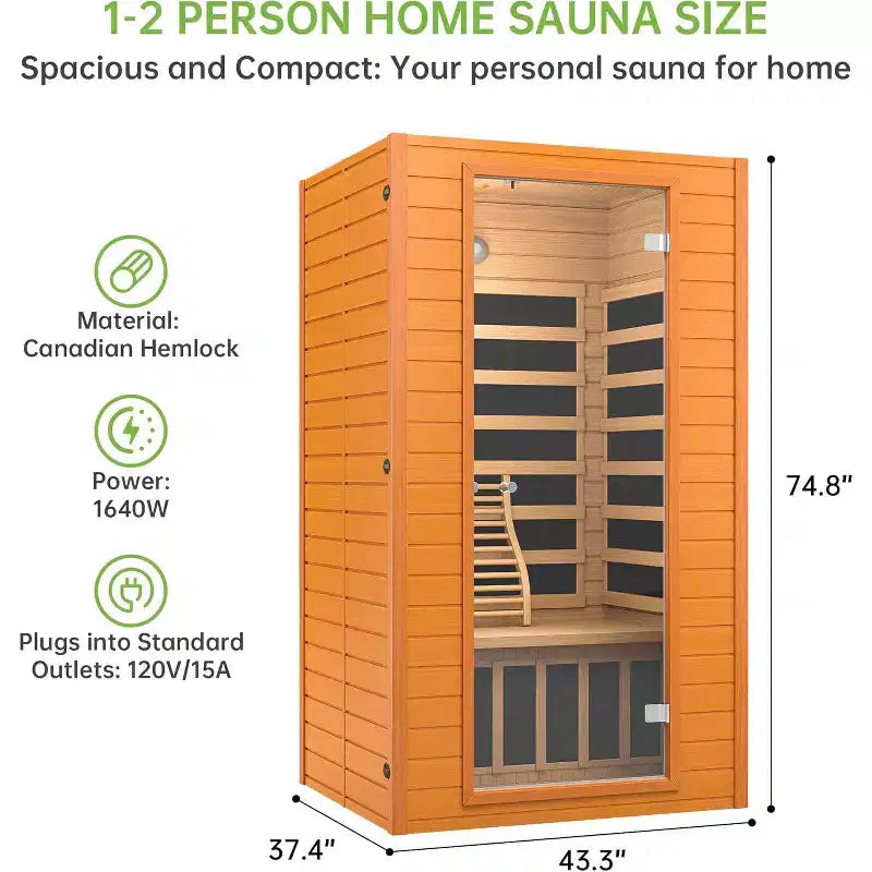 Sauna infrarouge Real Relax pour la maison, saunas infrarouges domestiques pour 1 à 2 personnes, pruche du Canada avec thérapie par lumière rouge à faible CEM, lumières de chromothérapie à 9 couleurs