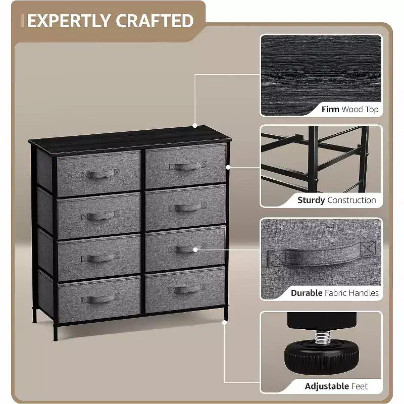 Commode Sorbus 8 tiroirs – Unité de rangement avec cadre en acier, plateau en bois, bacs en tissu – pour chambre à coucher, placard, bureau et plus encore